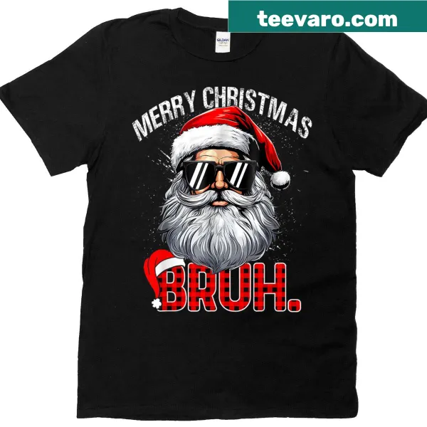 Funny Christmas T-shirt with 'Bruh Santa Hat' design on red plaid
