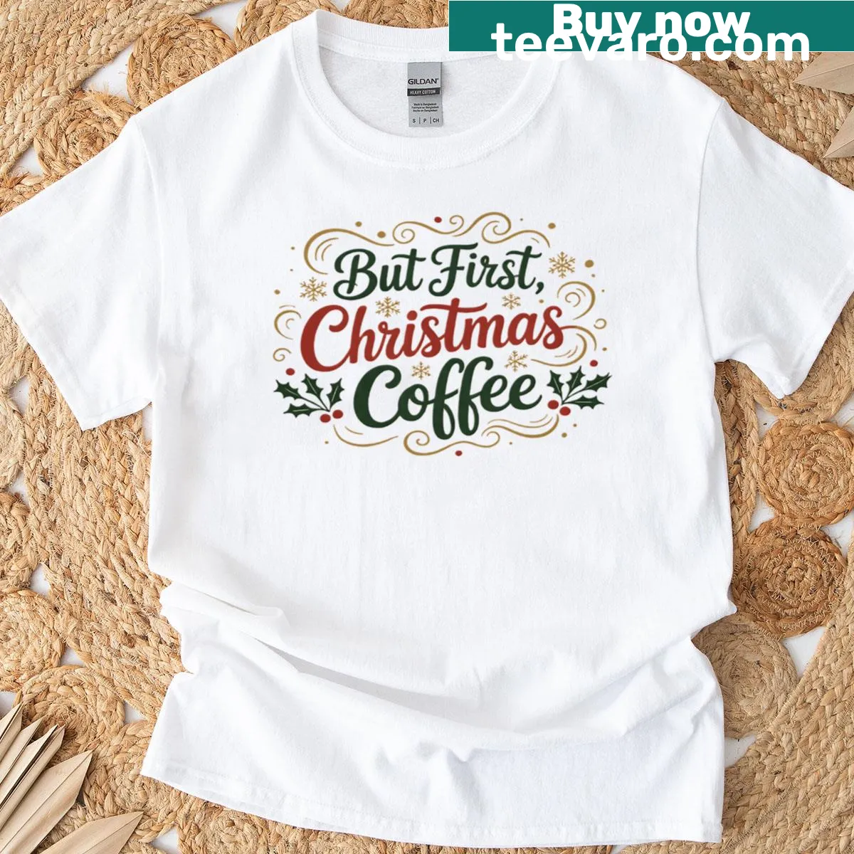 Cozy T-shirt with a hand-lettered Christmas coffee design — on a men's t-shirt