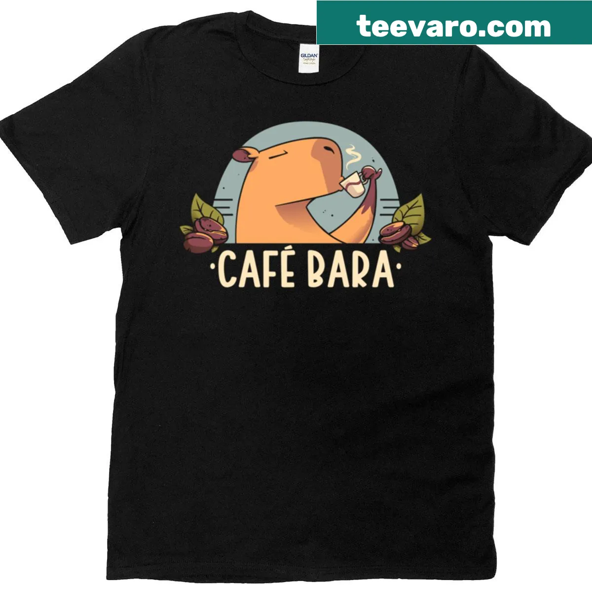 Cute T-shirt featuring a capybara with coffee elements — on a men's t-shirt