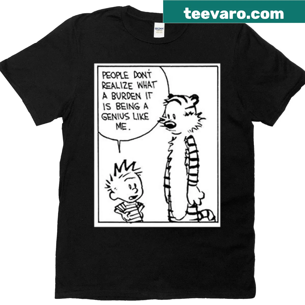 T-shirt featuring Calvin and Hobbes in a whimsical comic design. — on a men's t-shirt