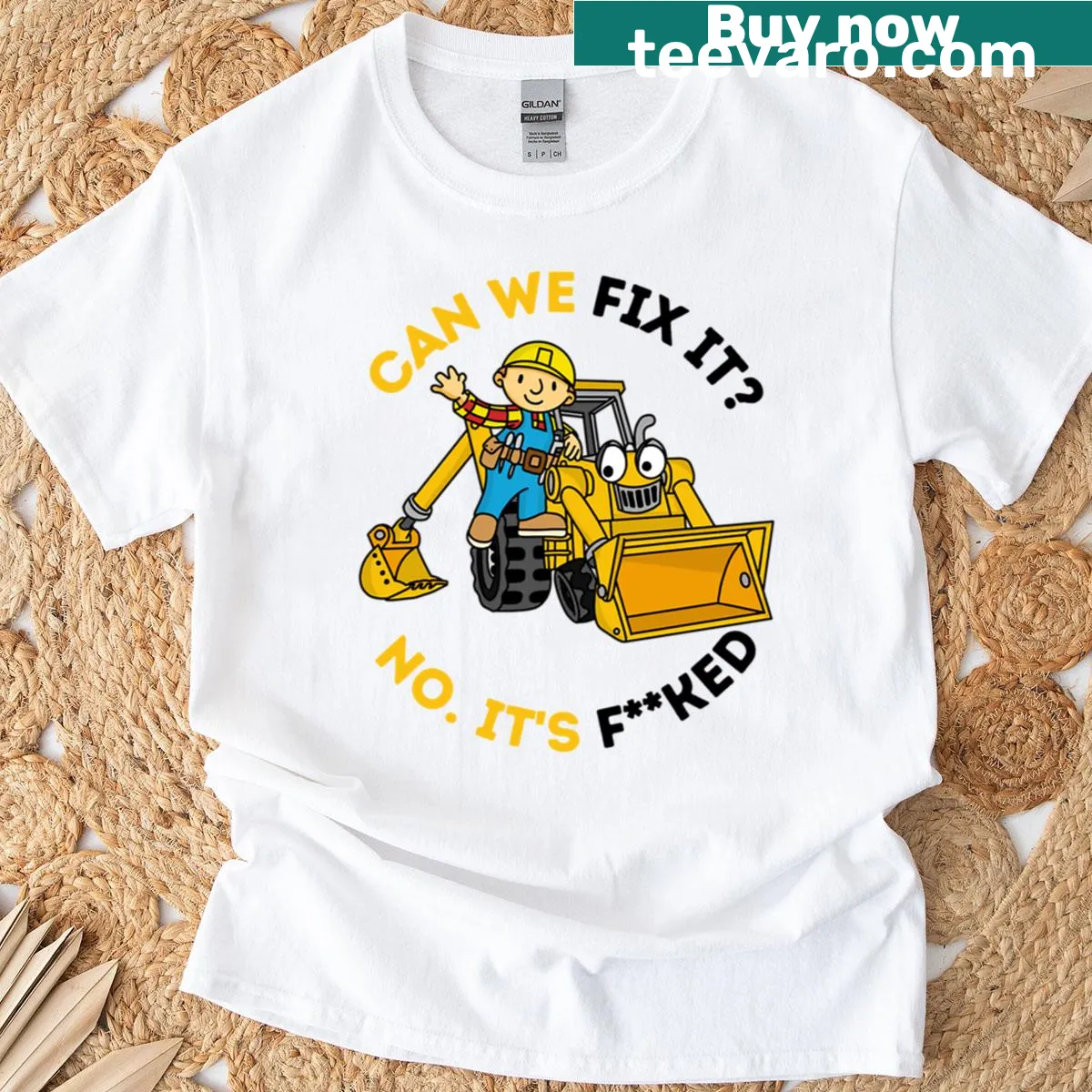Funny repair man t-shirt with the phrase 'Can We Fix It?' in bold text — on a men's t-shirt