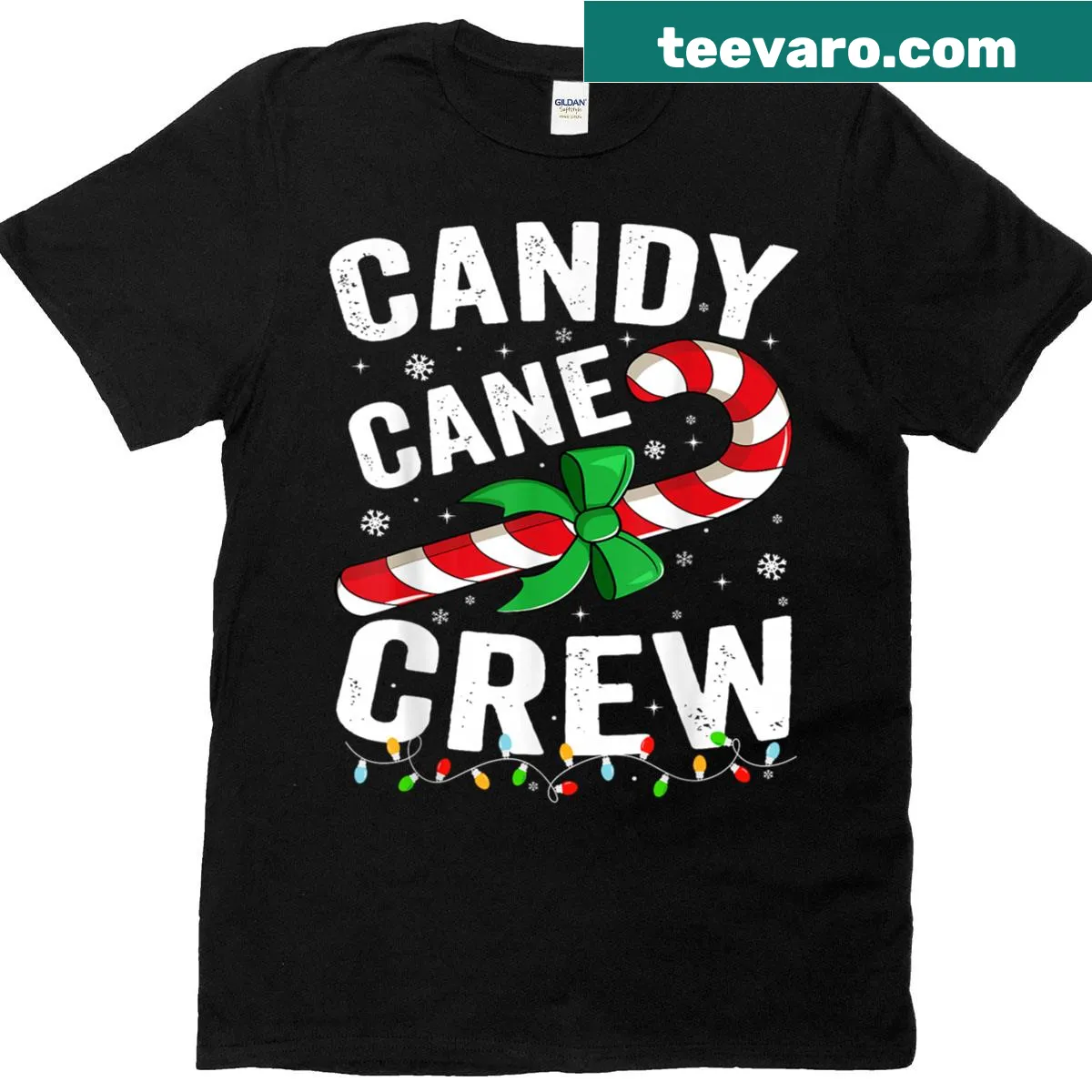 Funny Christmas T-shirt with candy cane crew design — on a men's t-shirt