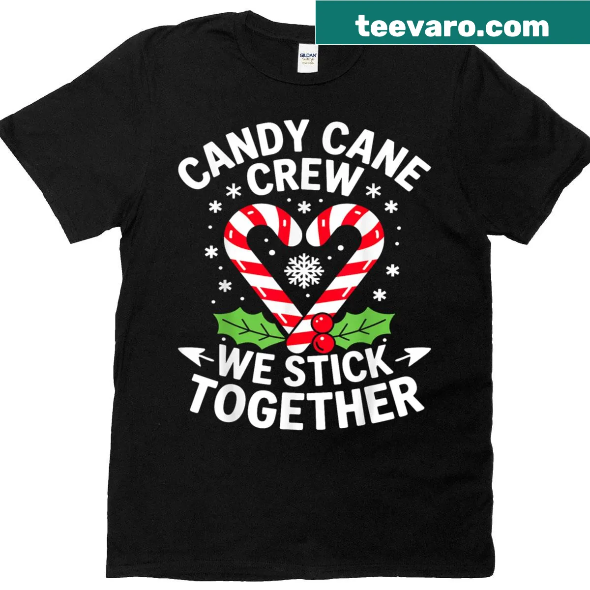 T-shirt featuring the phrase 'Candy Cane Crew We Stick Together'. — on a men's t-shirt