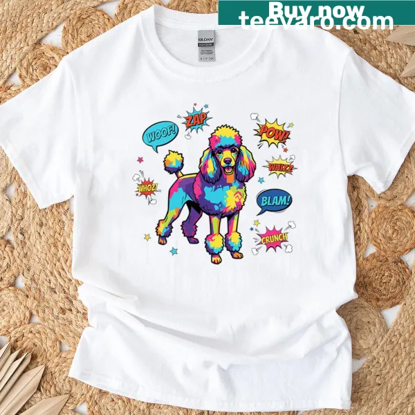 Pop art T-shirt with a playful caniche graphic and Woof Blam text
