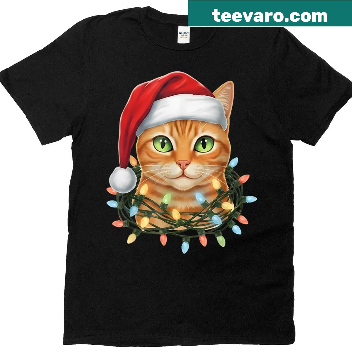Christmas T-shirt featuring a cat in a Santa hat — on a men's t-shirt