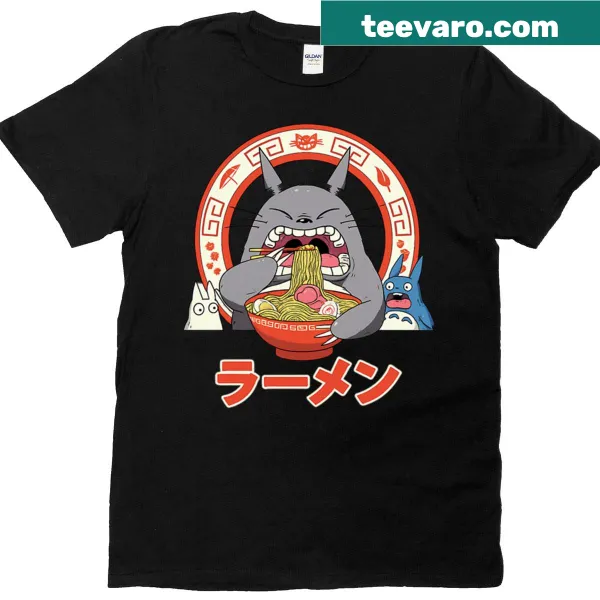 T-shirt featuring a cat joyfully eating ramen