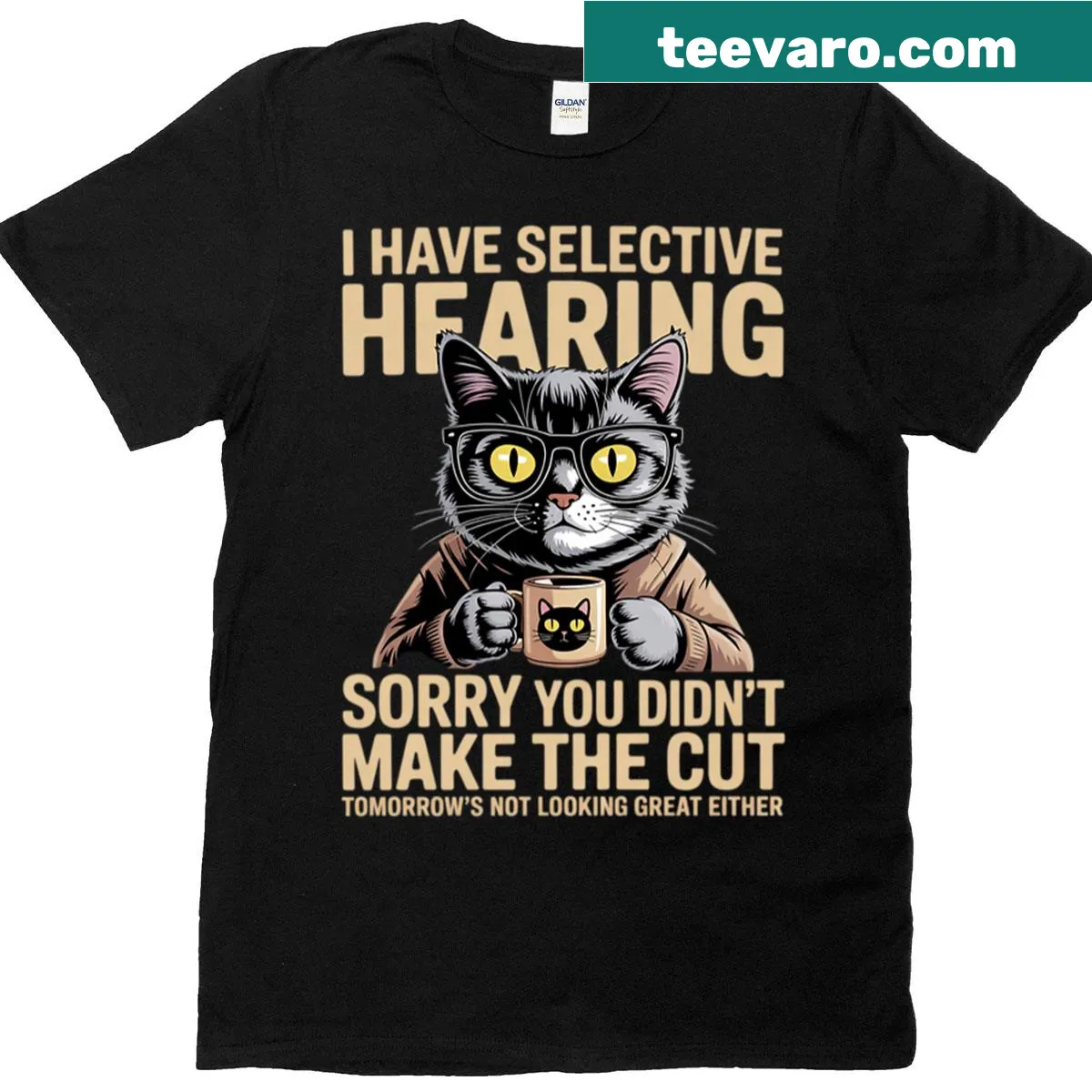 Funny T-shirt with text about cats and selective hearing — on a men's t-shirt
