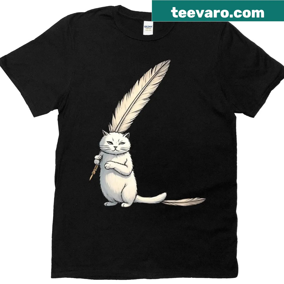 Minimalist design of a cat holding a quill — on a men's t-shirt