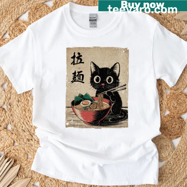 Cute T-shirt featuring a kawaii cat enjoying a bowl of ramen