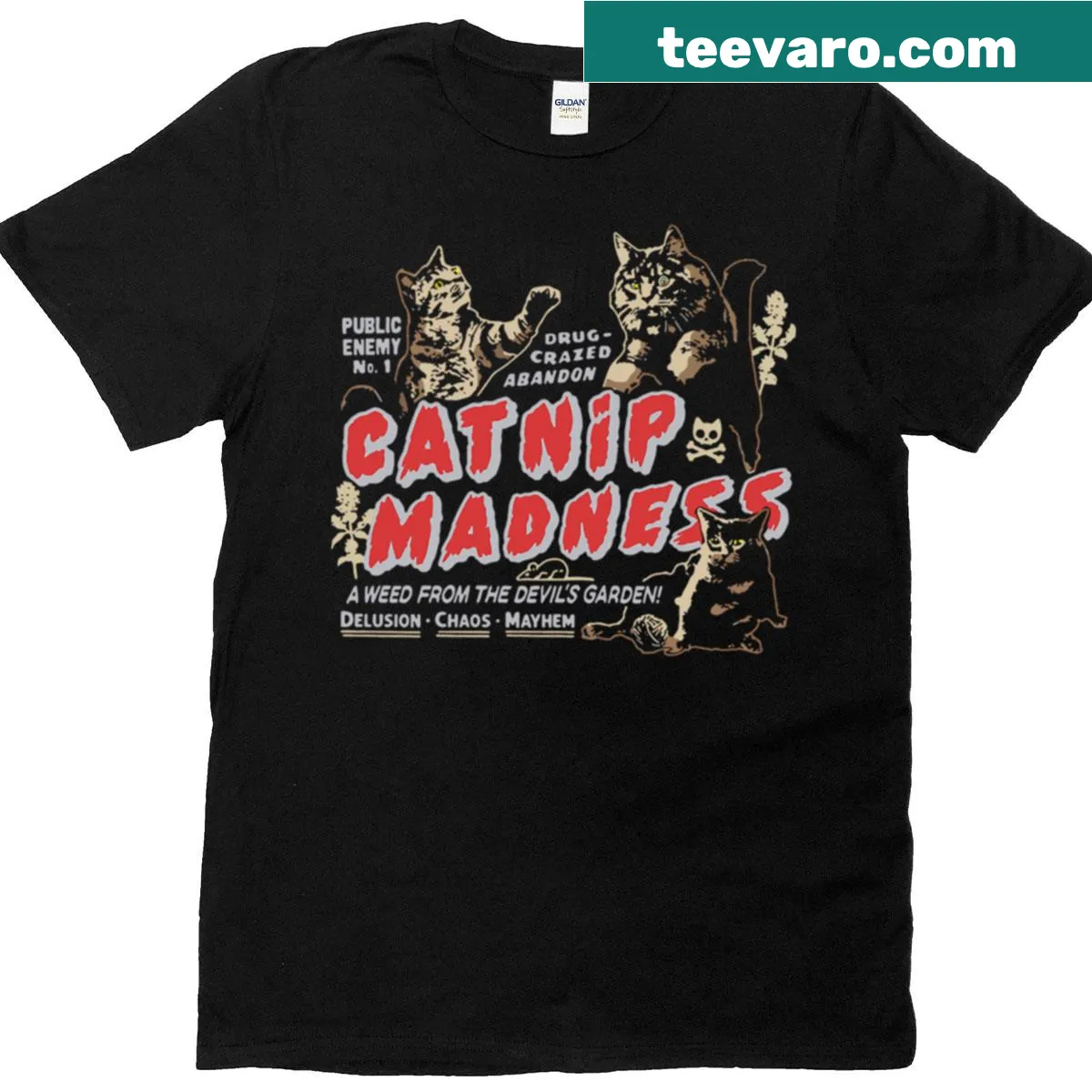 Vintage-style T-shirt featuring a cute cat and ‘Catnip Madness’ text — on a men's t-shirt