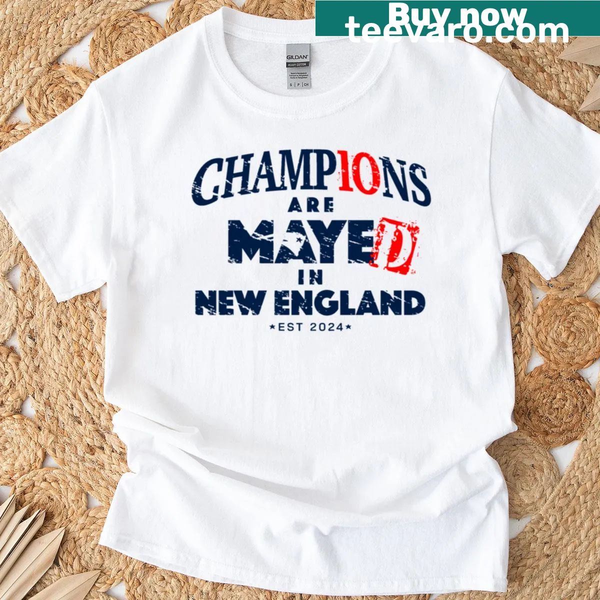 Sporty T-shirt with the phrase 'Champions Are Maye'd In New England' — on a men's t-shirt