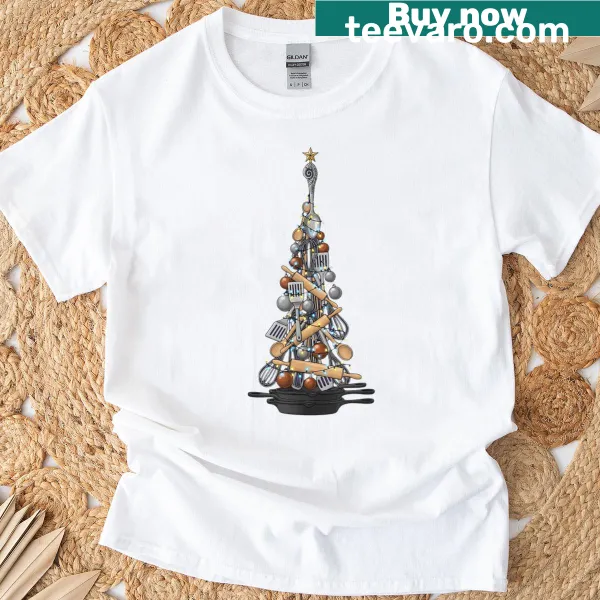 Whimsical Christmas tree chef graphic with baking tools