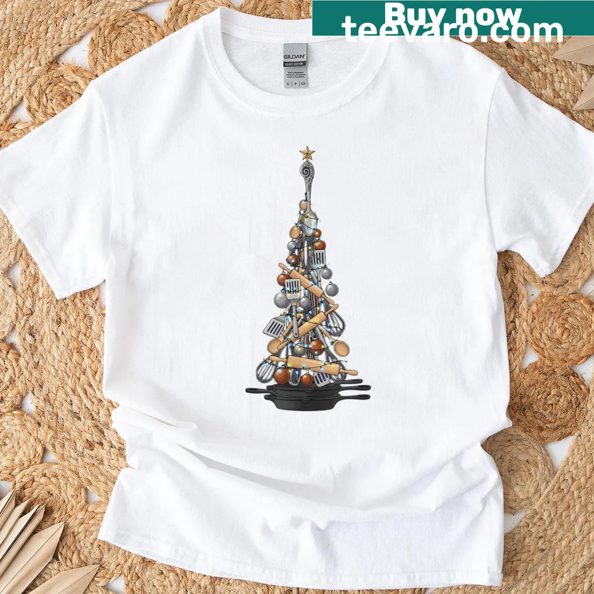 Whimsical Christmas tree chef graphic with baking tools — on a men's t-shirt