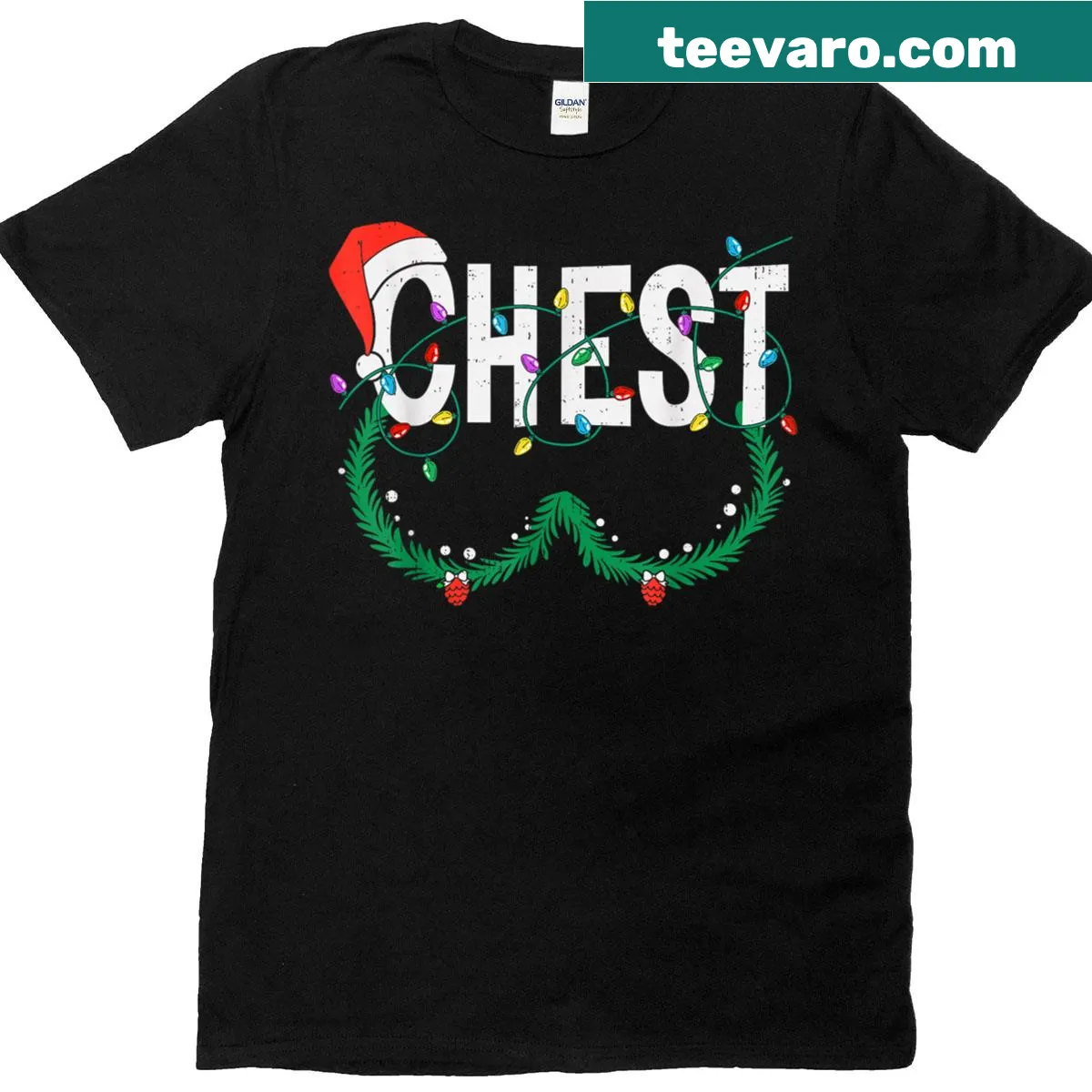 Matching Christmas couple t-shirt with Chest Nuts text and illustrations — on a men's t-shirt