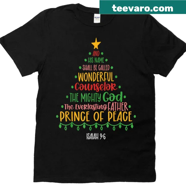 Tree-shaped design t-shirt featuring 'Names Of Jesus' for Christmas.