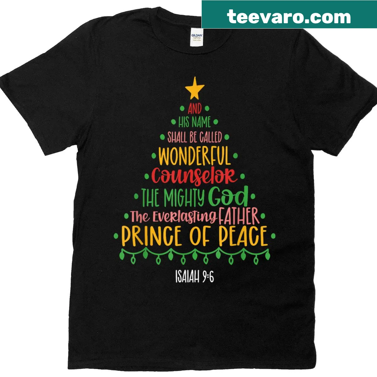 Tree-shaped design t-shirt featuring 'Names Of Jesus' for Christmas. — on a men's t-shirt
