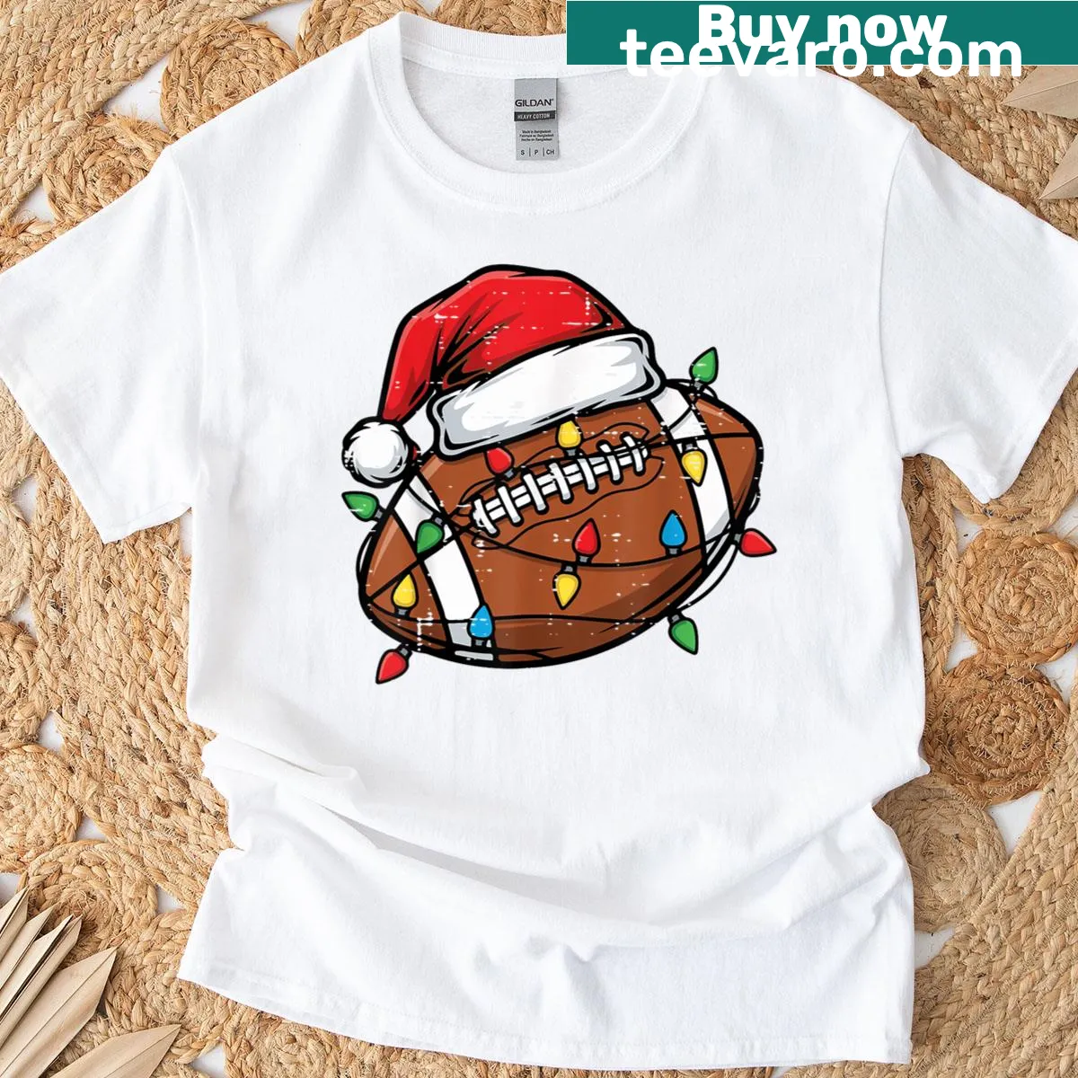 Funny Santa football t-shirt for Christmas featuring Santa in sports gear. — on a men's t-shirt