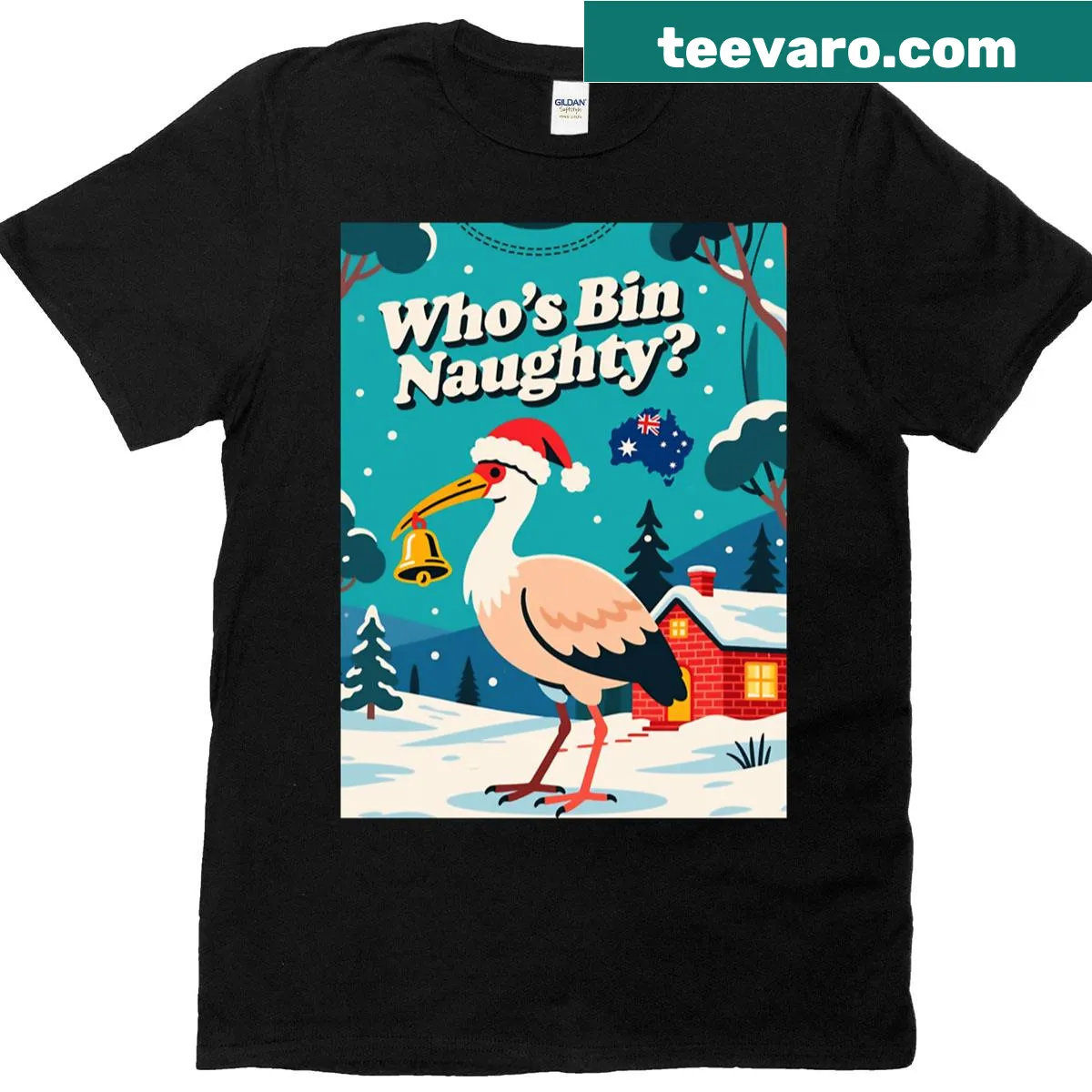 Funny Christmas T-shirt featuring a Bin Chicken in festive attire — on a men's t-shirt