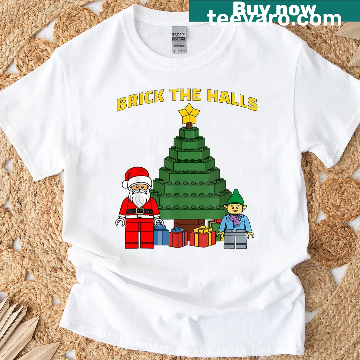 Retro-style Christmas building bricks graphic on t-shirt — on a men's t-shirt