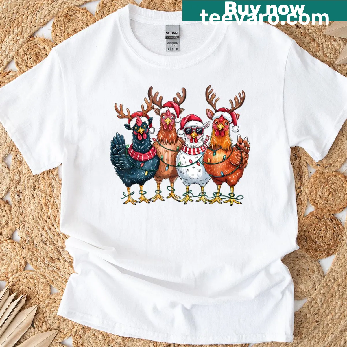 Funny Christmas t-shirt featuring chickens dressed as reindeer with lights. — on a men's t-shirt