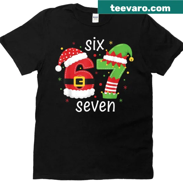 Funny Christmas elf meme kids t-shirt with Six Seven 67 text
