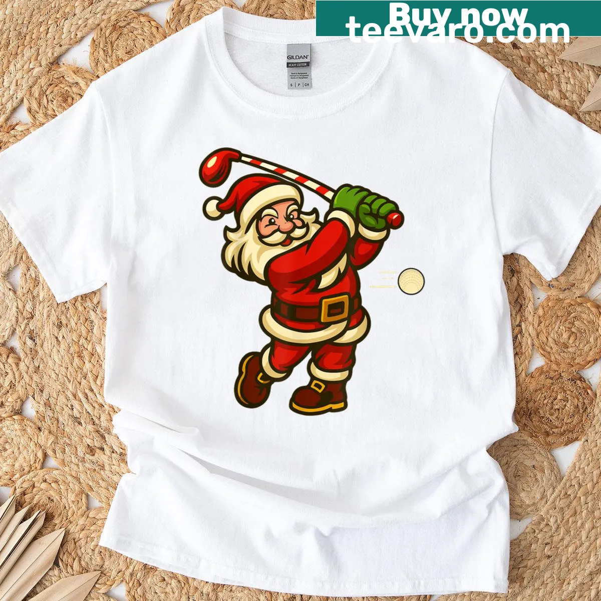 Santa golfing graphic celebrating Christmas — on a men's t-shirt