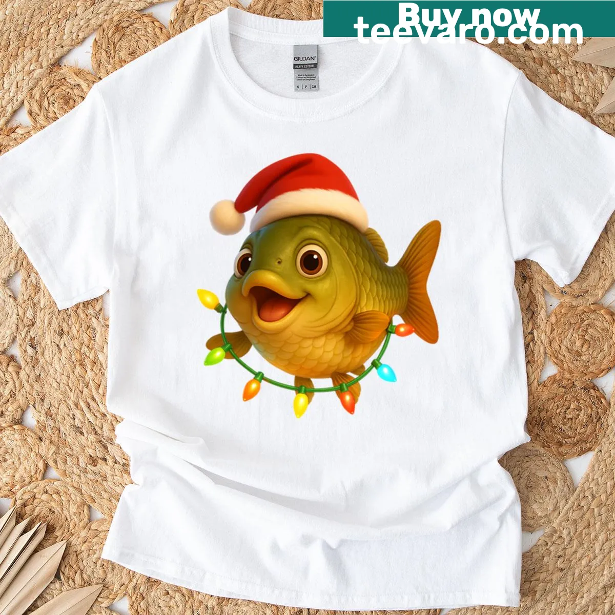 Christmas Grass Carp t-shirt with a Santa hat design — on a men's t-shirt