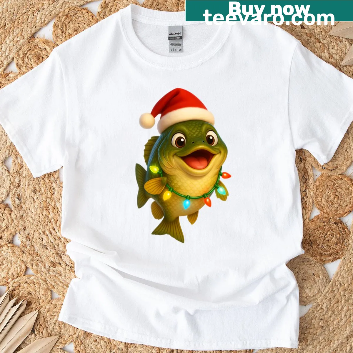 Christmas-themed Guadalupe bass illustration on a T-shirt — on a men's t-shirt