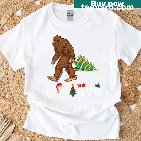 Vintage Bigfoot and Christmas tree graphic on holiday t-shirt