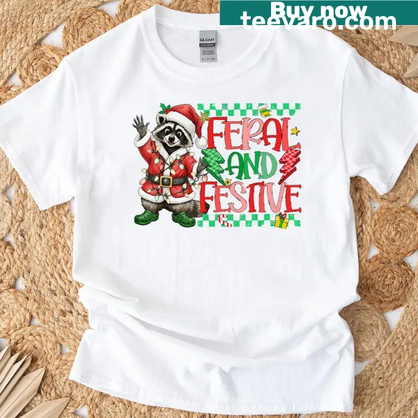 Funny raccoon in Santa hat with Christmas lights illustration