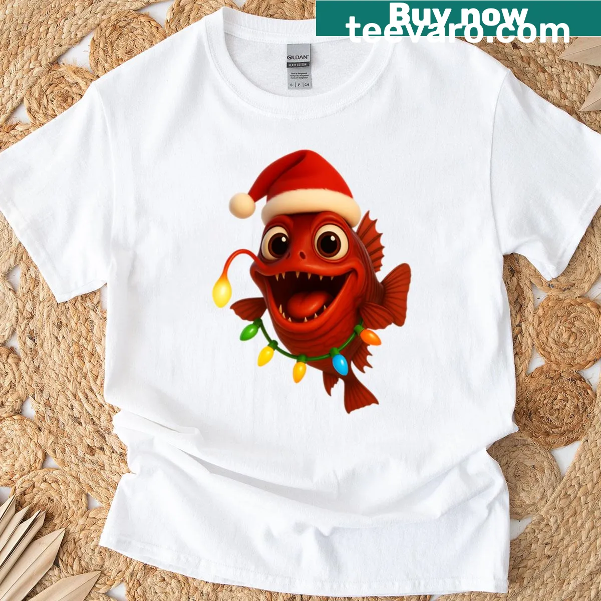 Christmas Loosejaw Stoplight Fish t-shirt with festive illustration — on a men's t-shirt
