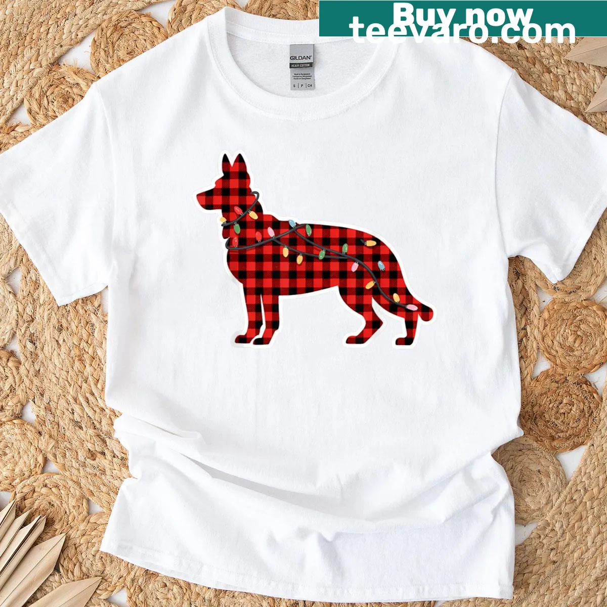 German Shepherd dog in red and black plaid T-shirt — on a men's t-shirt