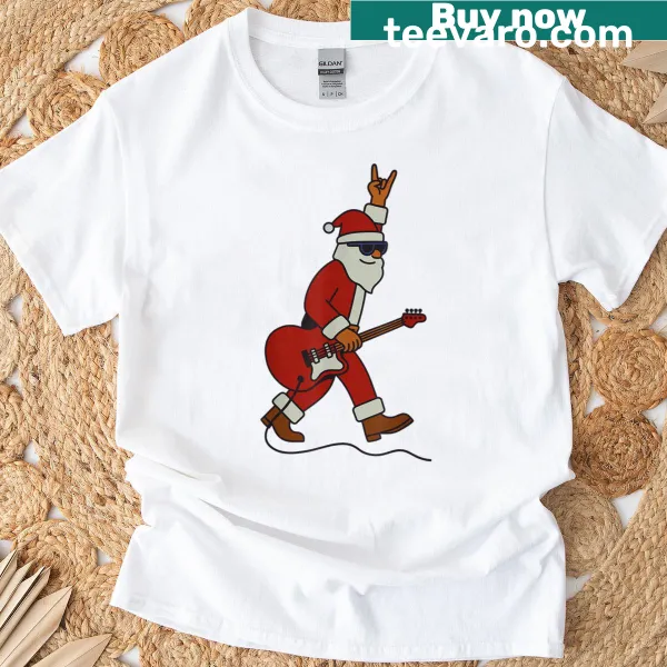 Cartoon Santa playing guitar on Christmas T-shirt