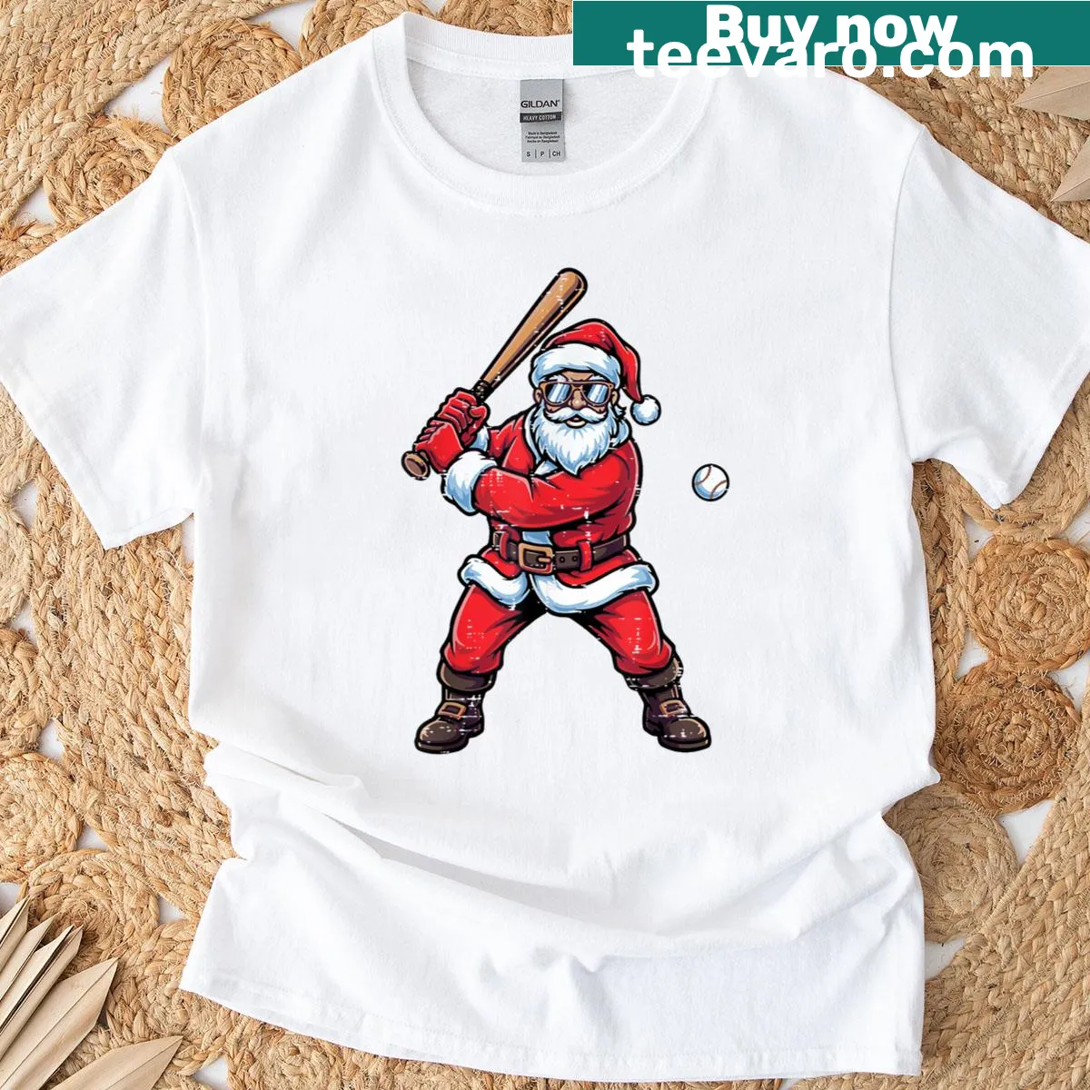 Cartoon Santa baseball batter T-shirt for Christmas — on a men's t-shirt