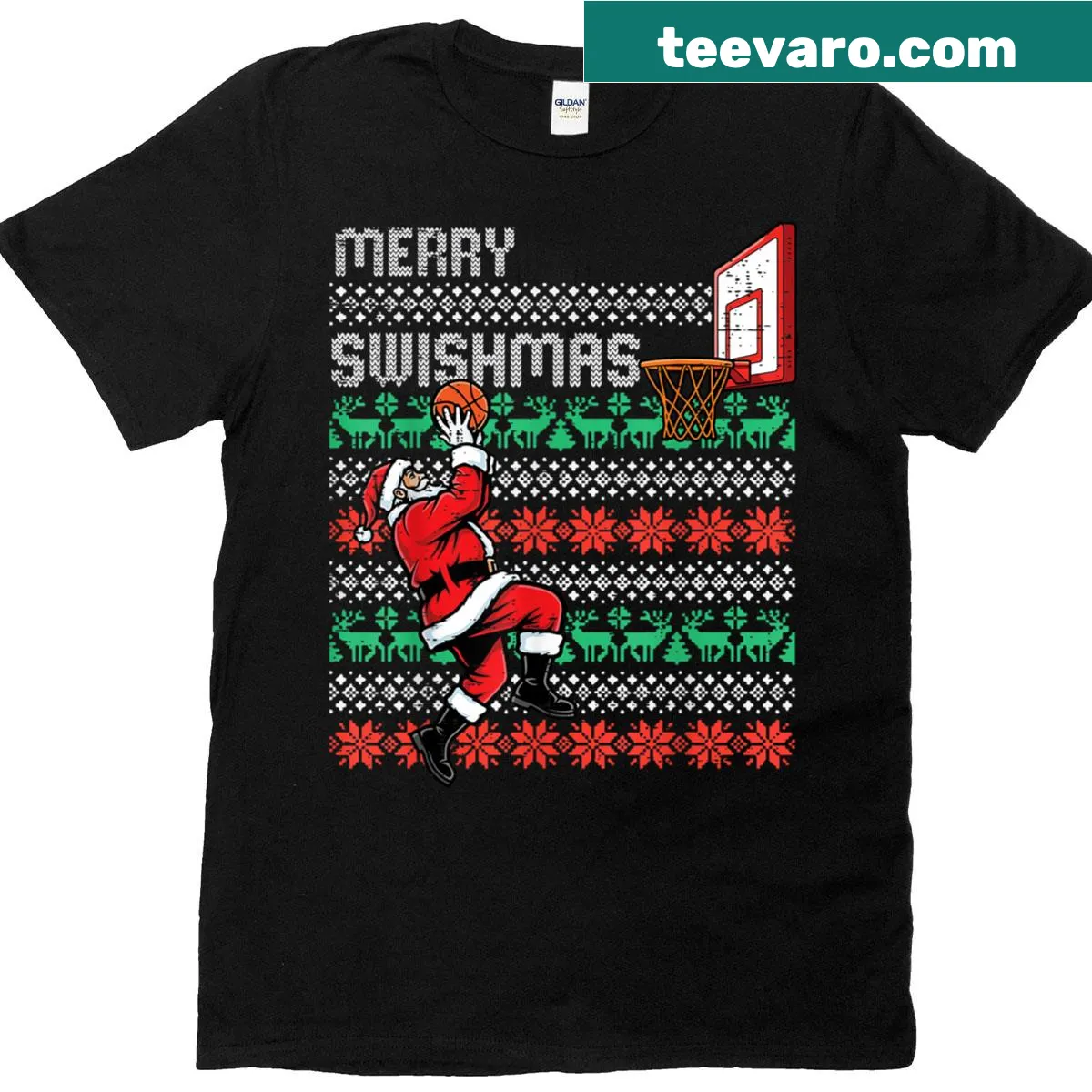 Santa shooting a basketball with a festive Merry Swishmas design — on a men's t-shirt