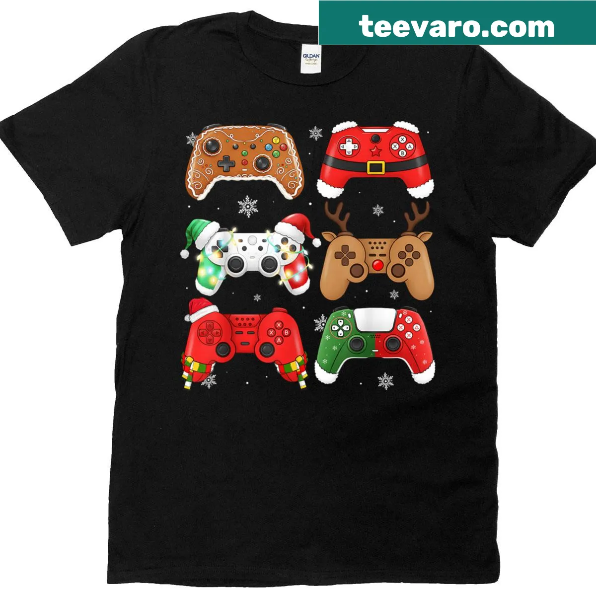 Christmas t-shirt with Santa, elf, and gaming controllers graphic — on a men's t-shirt