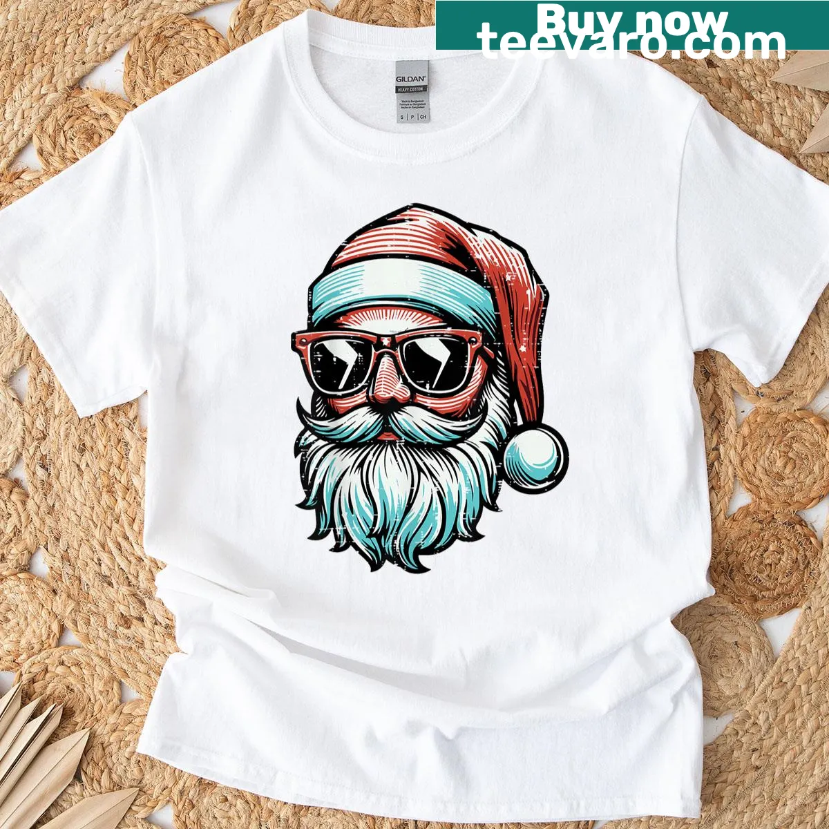Vintage Christmas T-shirt featuring Santa with sunglasses — on a men's t-shirt