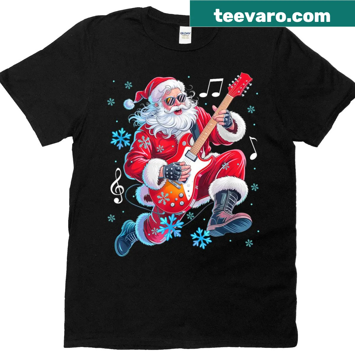 Funny Christmas T-shirt with Santa playing guitar — on a men's t-shirt