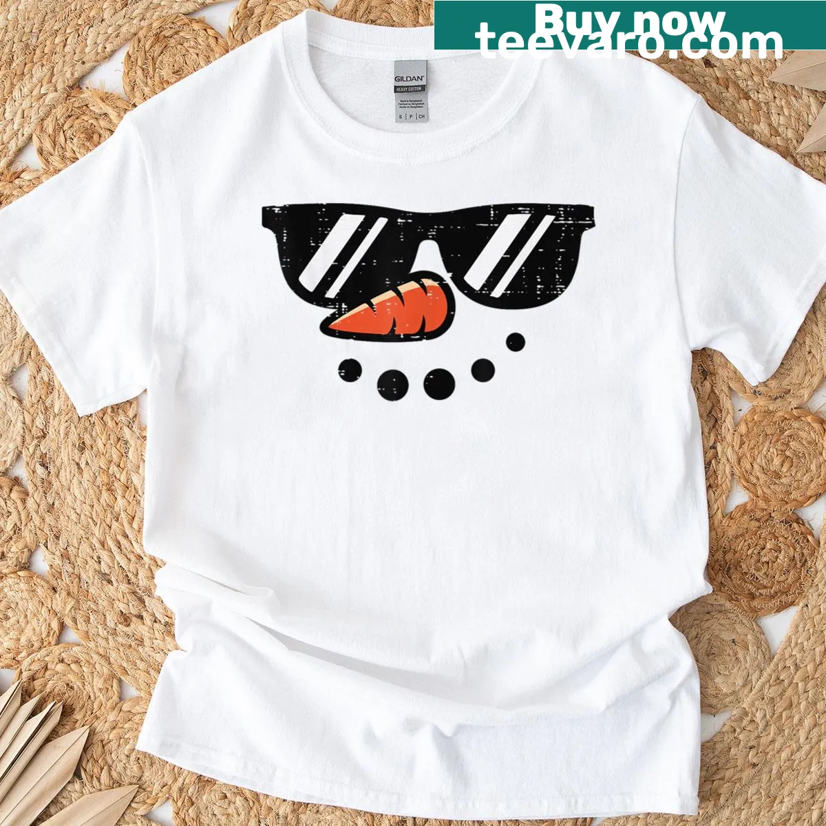 Christmas Snowman Face t-shirt with sunglasses design — on a men's t-shirt