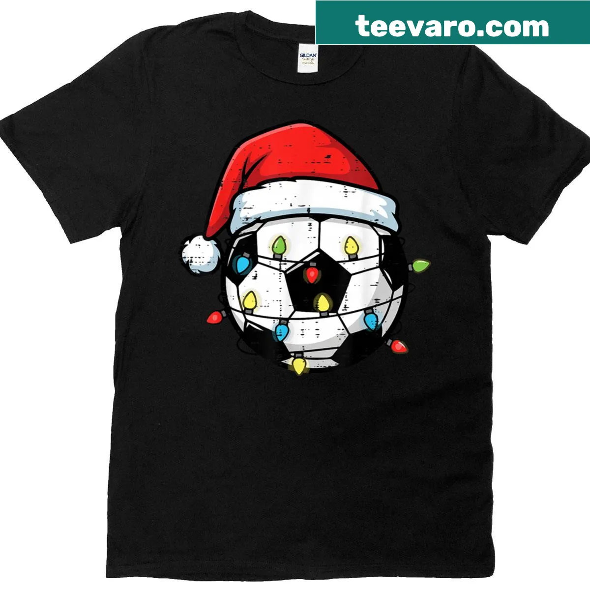 Christmas t-shirt with Santa kicking a soccer ball — on a men's t-shirt