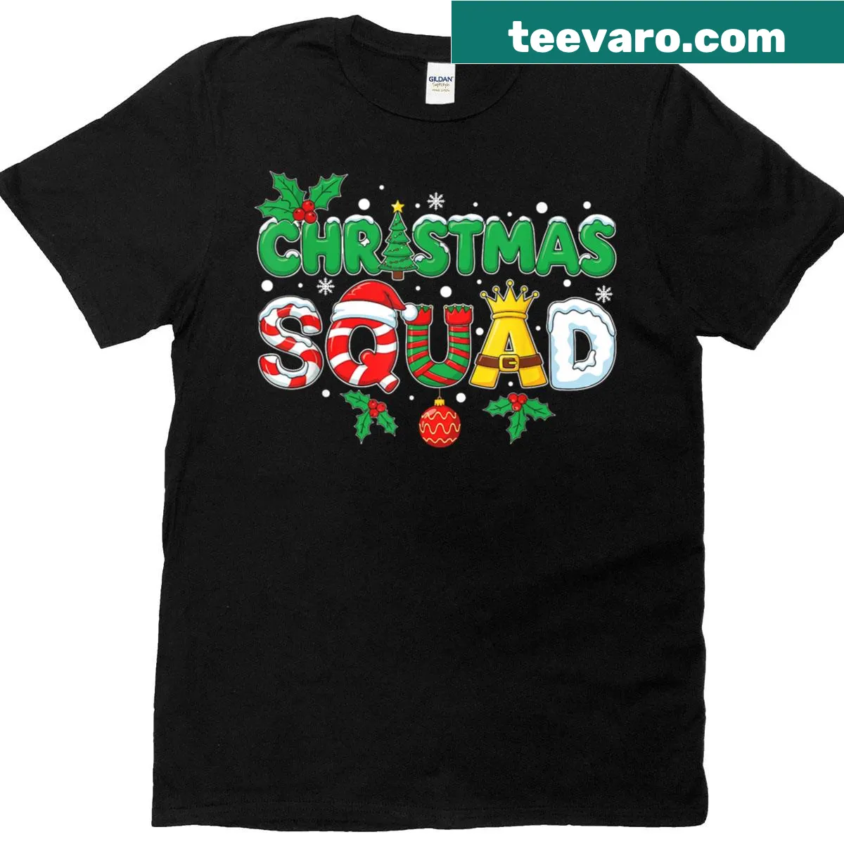 Playful cartoon Santa and elf dabbing on family matching t-shirt — on a men's t-shirt