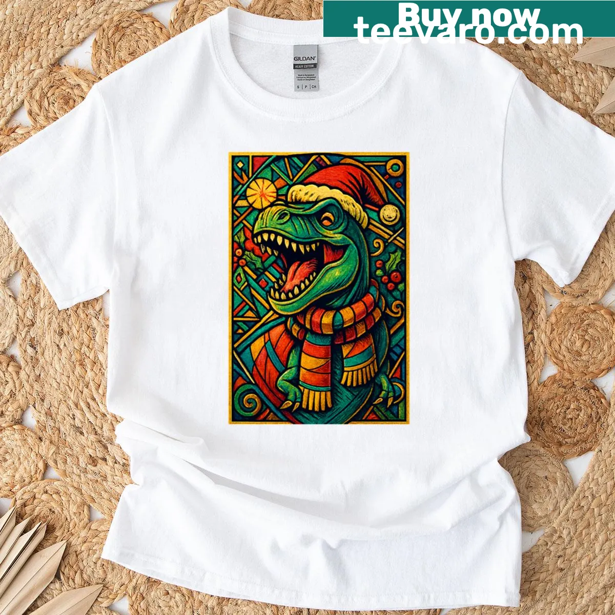 T-rex in Santa hat with festive scarf for Christmas T-shirt — on a men's t-shirt