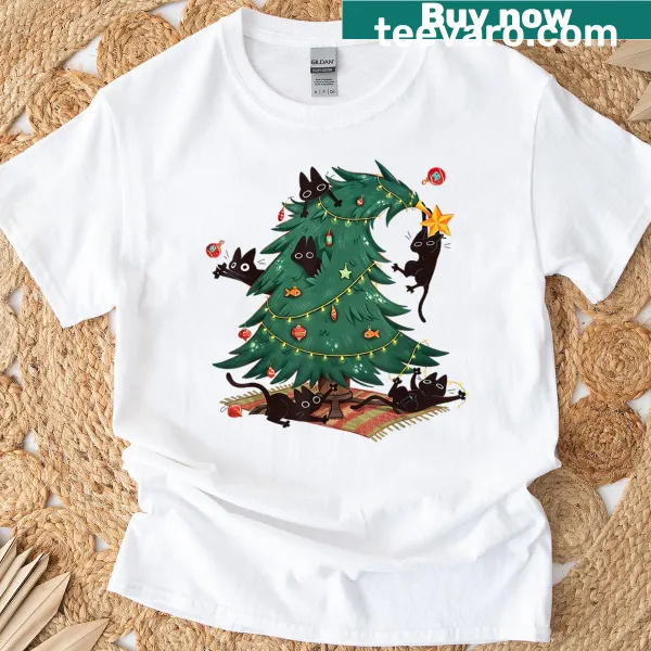 Cute Christmas cat illustration with a Christmas tree t-shirt