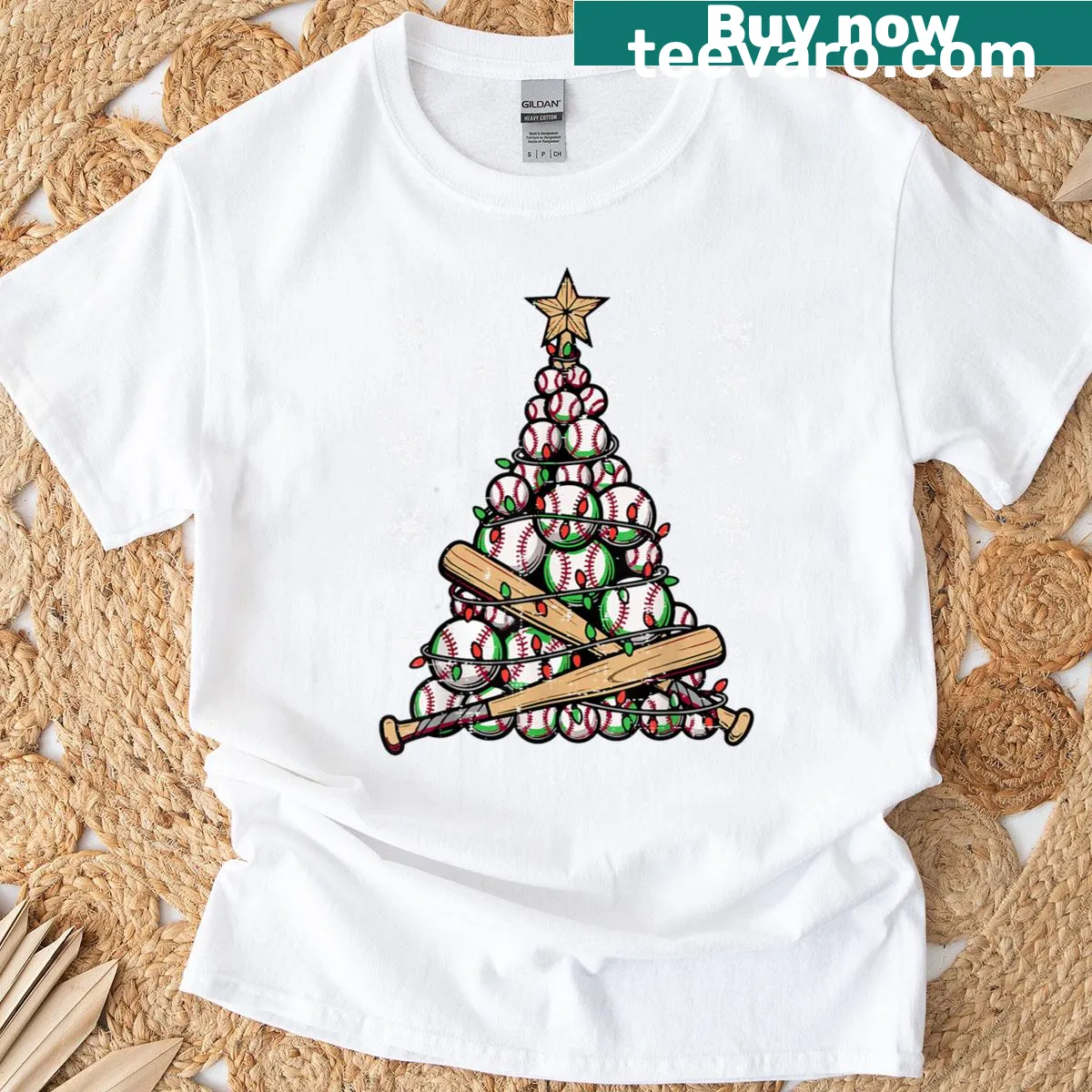 Christmas tree made of baseballs and bats graphic t-shirt — on a men's t-shirt