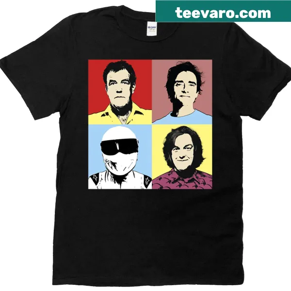 Retro Clarkson Hammond May Stig t-shirt with automotive-themed graphics