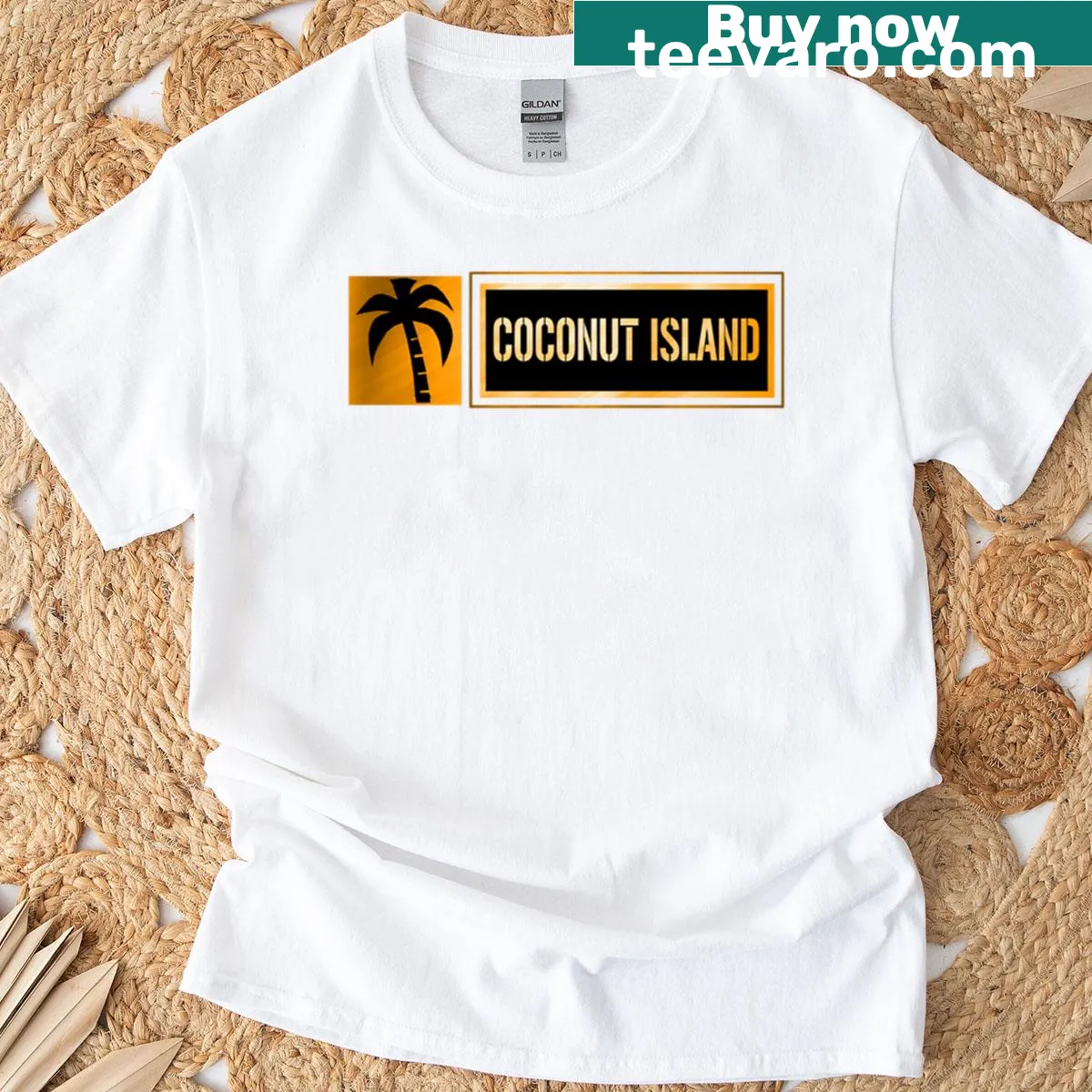 Tropical-themed Coconut Republic slogan t-shirt — on a men's t-shirt