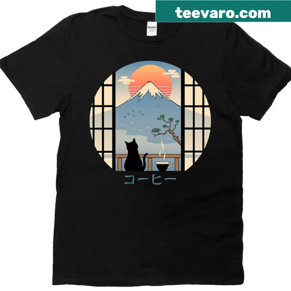 Cat enjoying coffee with Mt. Fuji backdrop on t-shirt