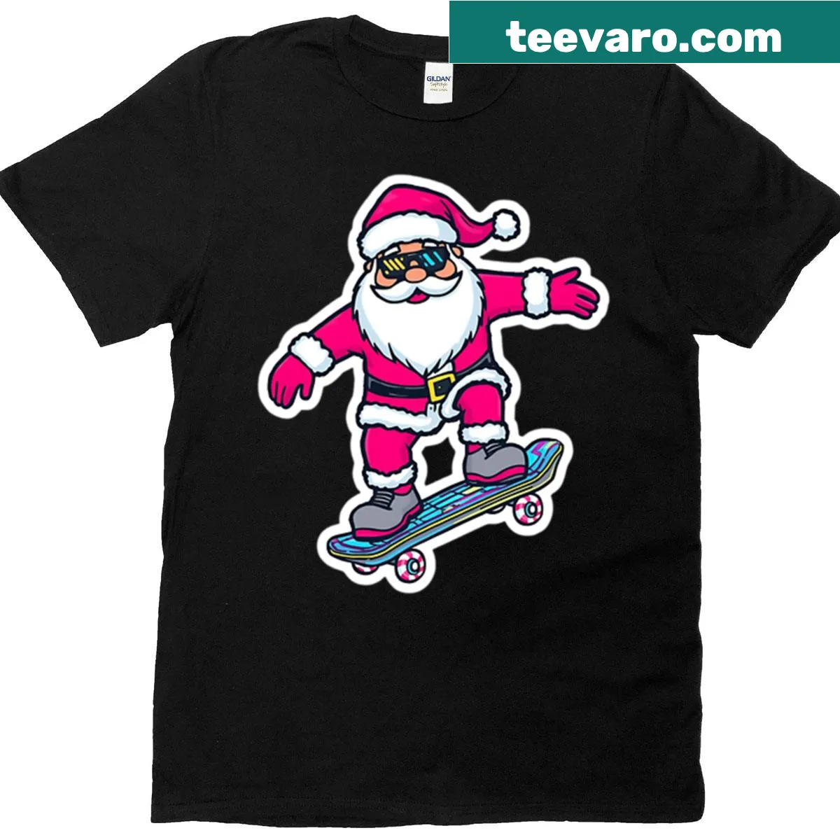 Cool Santa skateboarding Christmas T-shirt — on a men's t-shirt