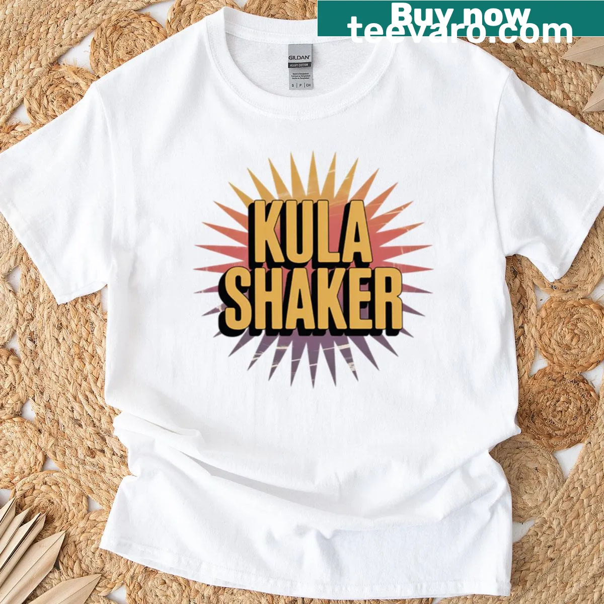 Retro-style t-shirt featuring Kula Shaker-inspired typography — on a men's t-shirt