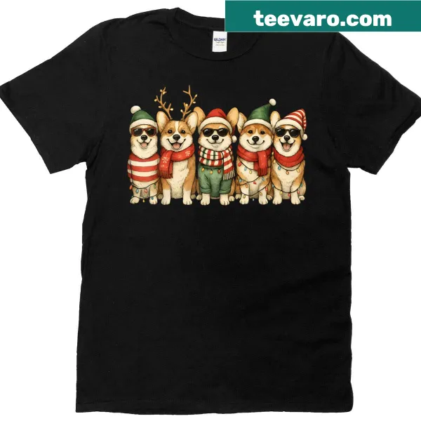 Corgi Santa with Christmas tree design for matching family t-shirt